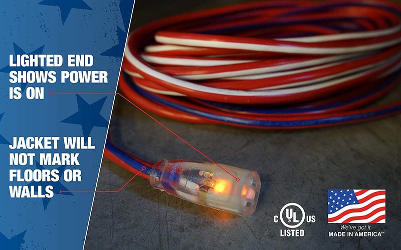 Southwire 2547SWUSA1 25-Feet; Contractor Grade; 12/3; Lighted End Red White and Blue; American Made Extension Cord; Indoor and Outdoor Use; Water Resistant Flexible Jacket; Foot; Ft - Image 3